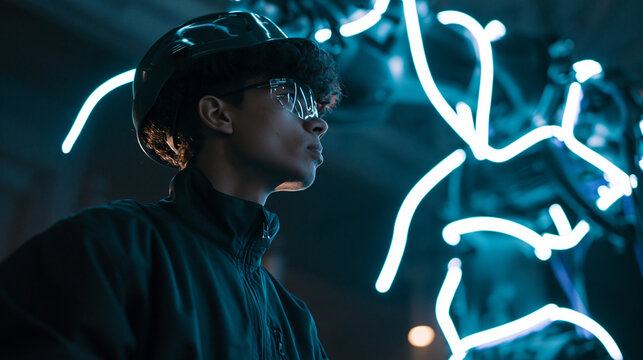 Person Wearing VR Headset Interacting With Digital DNA Molecule