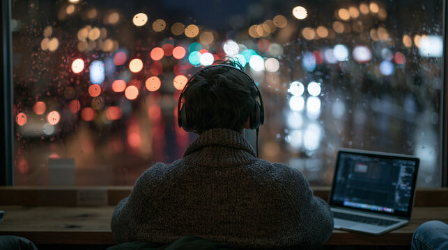 Person Wearing Headphones at Night Window with Laptop
