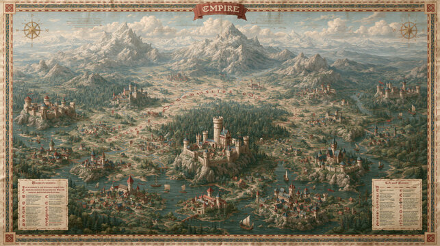 A detailed vintage style map showing a vast fantasy empire with multiple castles and fortified towns situated among mountains forests and winding rivers in a historical aesthetic