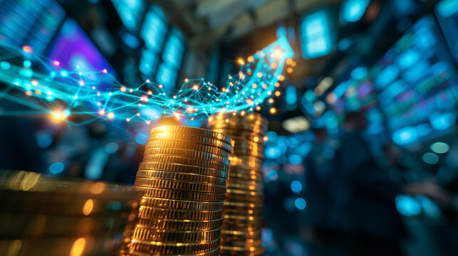 Stacked Gold Coins Digital Network Finance Growth