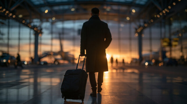 Traveler with Luggage Walking Through Airport Terminal at Sunset