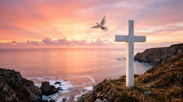 White Cross on Coastal Cliff at Sunset with Dove