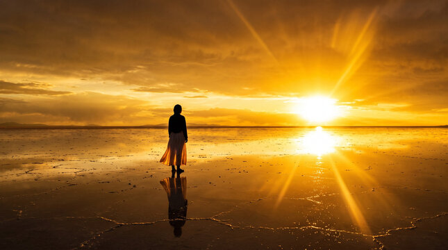 Woman Standing Alone on Beach at Sunset