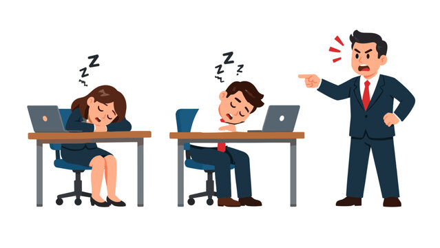 Sleeping office workers and angry boss in flat vector scene