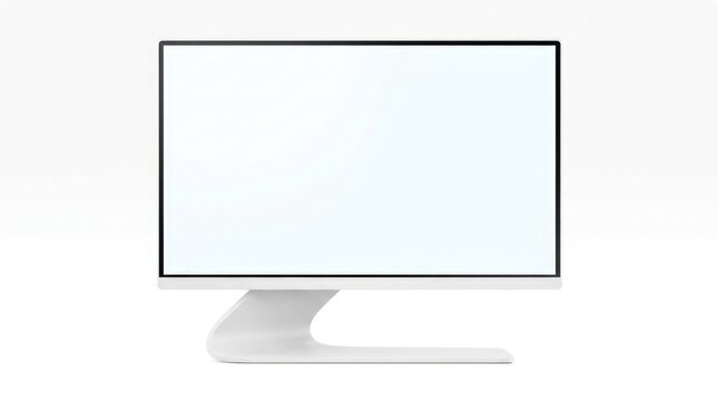 Modern computer monitor with a blank white screen near a small wooden block