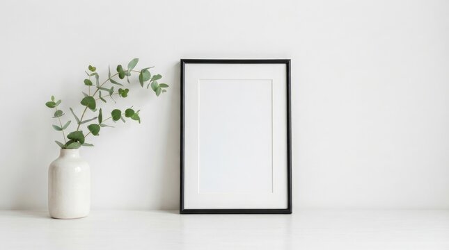 Empty black picture frame mockup standing on a wooden block surface