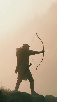 A silhouette of an archer wearing a hooded cloak stands on a rocky surface while aiming a bow and arrow during a foggy morning outdoors