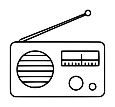 Hand-drawn black and white vector illustration of a vintage portable transistor radio with extended telescopic antenna, circular speaker grille, tuning dial, and control knobs, perfect retro audio