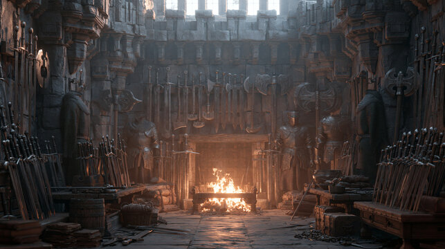 A warm fire burns inside a stone medieval castle room decorated with ancient swords and metal armor suits displayed on the walls and wooden tables