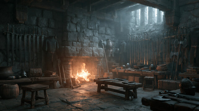A view of a rustic medieval blacksmith workshop featuring a warm glowing fireplace and various iron weapons displayed on the stone walls in a dark room