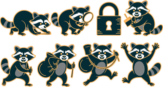 Funny Thief Raccoon Mascot Vector Set with Robber Character Carrying Loot Bag and Padlock for Security or Gaming Designs