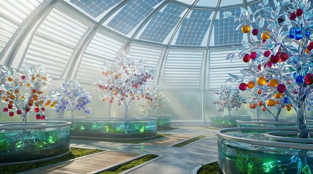 Futuristic solar dome greenhouse with crystalline jewel fruit trees and aquaponic tanks at sunrise