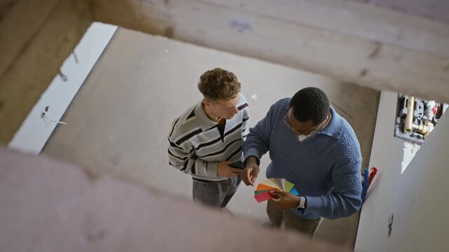 African American middle aged designer and Caucasian young adult client standing in unfinished room, discussing color swatches for home renovation. Footage ideal for interior design services