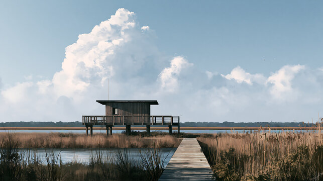 Wooden stilt house on a marshy lake with a long boardwalk under a bright blue sky with clouds