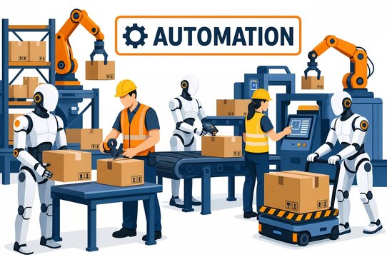Warehouse automation humanoid robots working alongside humans on production line illustration