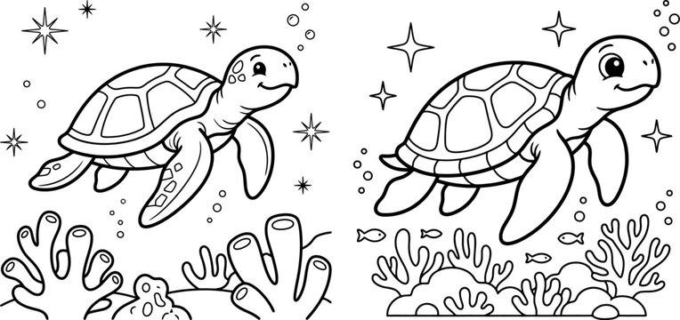 Pair Of Sea Turtles Swimming Among Coral Black And White Vector Illustration