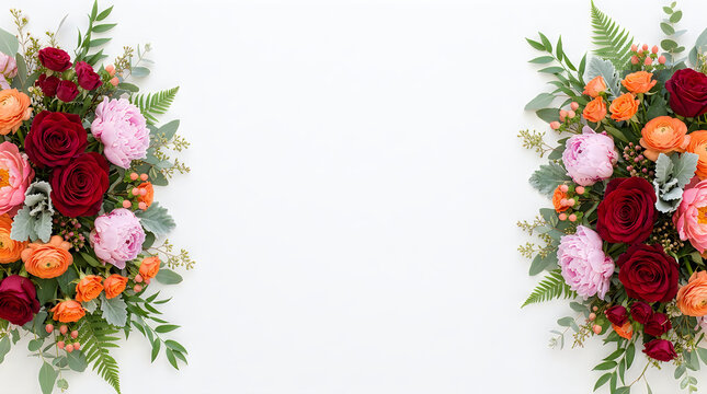 Beautiful floral arrangement border with vibrant autumn flowers and copy space on a white background