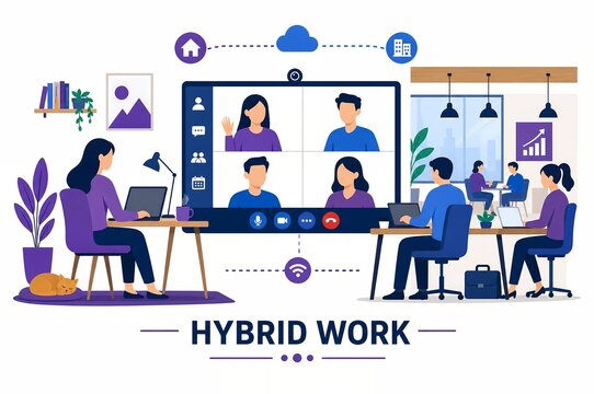 Hybrid work model remote employee video conference with office team collaboration illustration