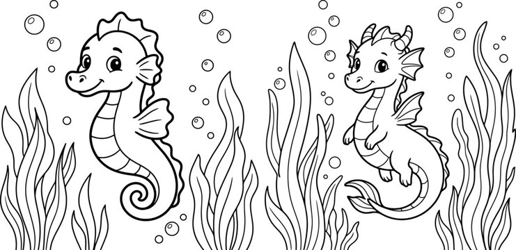Seahorse And Dragon Illustration Black and white Line Art For Coloring Pages