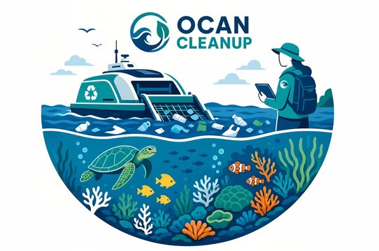Ocean cleanup plastic collection vessel with coral reef marine life and researcher illustration