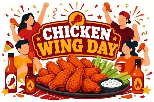 National Chicken Wing Day celebration with buffalo wings hot sauce and friends eating illustration