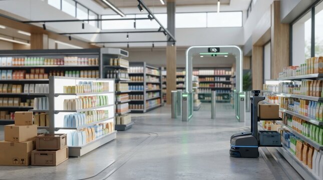 Retail store concept with modular shelving, contactless checkout gate, packing boxes, and robot restocking displays.