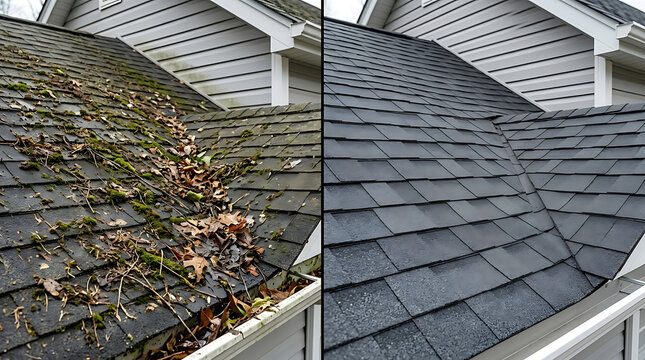 Comparative Image Showcasing Dirty and Clean Roofs Highlighting Maintenance and Cleaning Differences