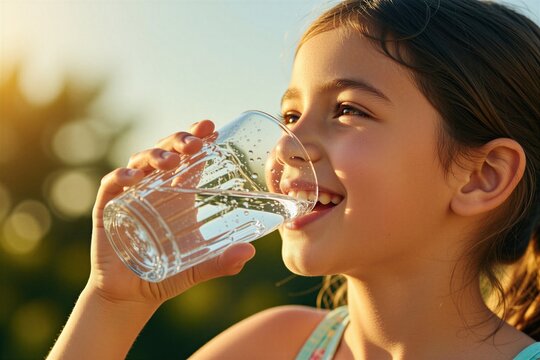 Young girl sips cool water from glass on sunny day. Blone child enjoys refreshing beverage outdoors, feeling happy and hydrated on a warm summer afternoon.