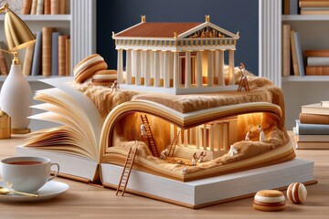 Obraz premium Open book with ancient temple carved inside pages, miniature archaeologists excavating