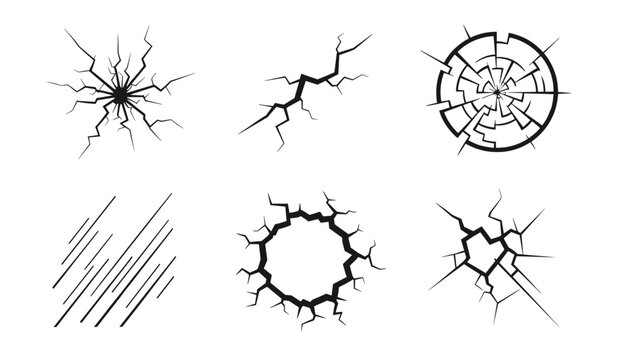 Six different hand drawn crack and shattered glass patterns showing structural damage and cool abstract textures.
