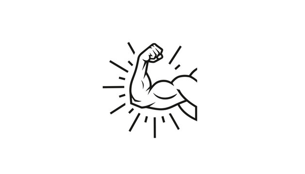 Outline illustration of a powerful flexing arm with radiant lines emphasizing strength, health, and fitness.