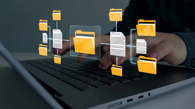 Digital document management system with virtual folders, file organization and electronic archive interface for business workflow automation and corporate data storage.	
