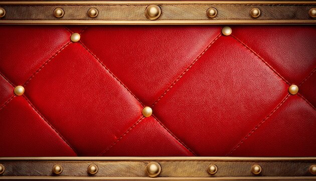 Rich Red Leather Background With Decorative Gold Border And Studs Texture