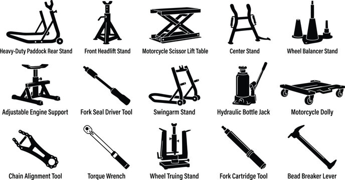 Collection of black silhouette showing motorcycle maintenance tools including paddock stands, scissor lifts, jacks, and alignment tools