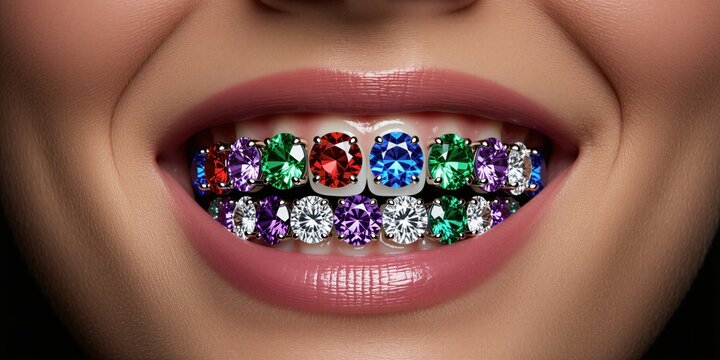 Macro shot of smiling mouth with colorful sparkling gemstone tooth gems on white teeth. Woman wears glamorous dental jewelry accessory in beauty editorial. Close up smile luxury fashion style crystal