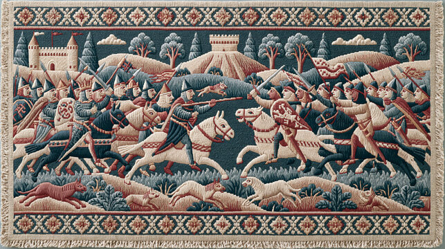 A detailed medieval tapestry depicts a dramatic battle scene featuring groups of knights on horseback charging toward each other with swords and shields in a landscape setting