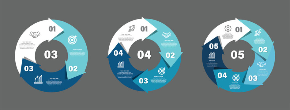 Circle arrows infographic set. Vector infographic template with 3-5 options diagram. Vector circle arrows for infographic.Template for cycling diagram,graph,cycle diagram,presentation and round chart.