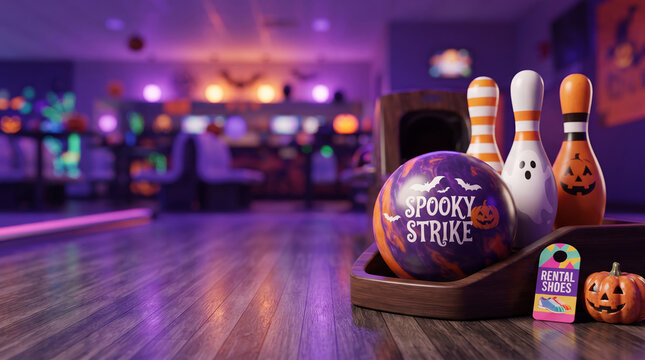 Bowling ball and pins decorated for Halloween in a bowling alley. Sport theme with festive spirit. Spooky strike design for competitive game, entertainment and leisure activity