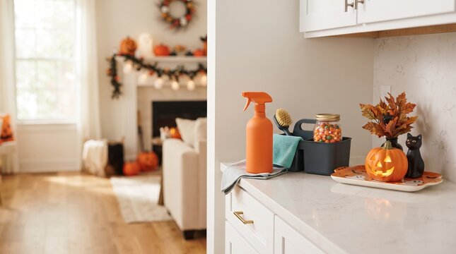 Cleaning spray and supplies on kitchen counter decorated for Halloween. Seasonal home maintenance and fall preparation. Festive interior with pumpkin glow for holiday celebration lifestyle
