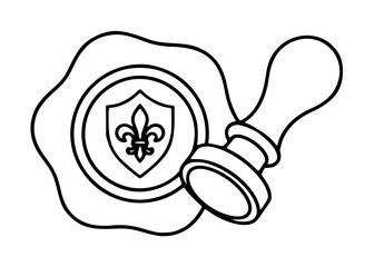 Hand-drawn vector icon of a notary seal stamp with fleur-de-lis shield emblem beside molten wax and brass stamp handle, elegant line art illustration © Shohag