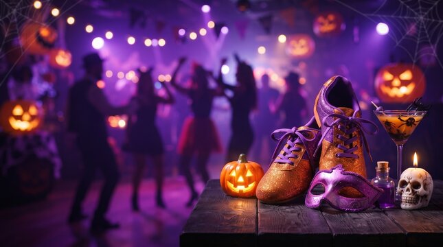 Halloween party with golden sneakers and carnival mask on wooden table. Background with dancing people and pumpkins. Festive celebration, horror holiday concept and costume event