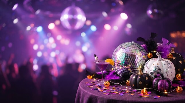 Halloween party table with disco ball and pumpkin decorations. Festive cocktail glass with purple drink in nightclub. Celebration concept with creative holiday decor and evening atmosphere