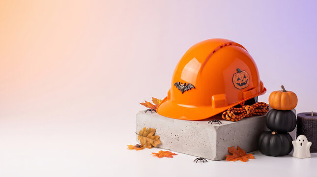 Orange construction hard hat decorated with pumpkin and bat sticker. Halloween concept for construction site with fall leaves and mini pumpkins. Industrial holiday safety celebration