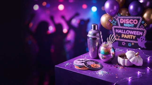 Cocktail shaker and disco ball cup on party table for Halloween celebration. Festive atmosphere with neon sign, balloons and confetti in nightclub. Holiday beverage service concept