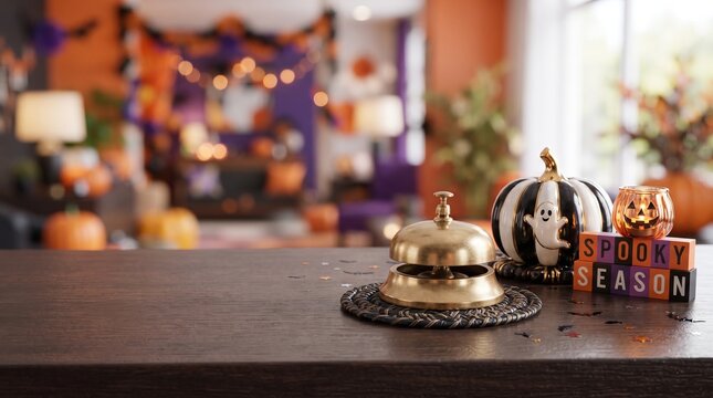 Service bell on wooden counter with Halloween decoration. Spooky season sign and pumpkin ornament with ghost figure. Festive interior background for holiday reception desk concept