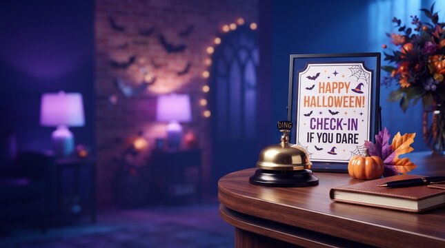 Halloween reception desk with service bell and sign. Hotel lobby decorated for holiday event with spooky theme. Scary check-in concept for travel industry during autumn season