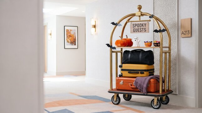 Bellman cart with suitcase in hotel corridor decorated for Halloween. Luggage trolley with pumpkin, bat and spooky sign. Autumn travel, holiday season, hospitality and accommodation concept