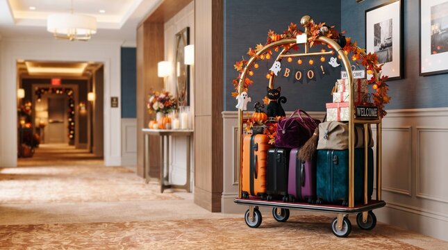 Hotel luggage cart decorated for Halloween in a luxury corridor. Travel suitcases and bags loaded on a cart with autumn leaves, pumpkins, and a Boo sign. Seasonal hospitality decor