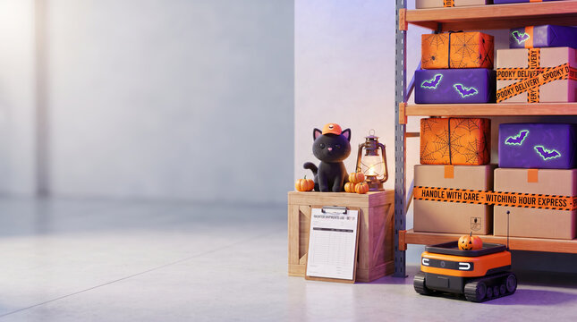 Black cat figurine sitting on wooden crate with cardboard boxes and robot on shelf. Halloween delivery concept with parcel storage in warehouse. Holiday logistics and shipping business