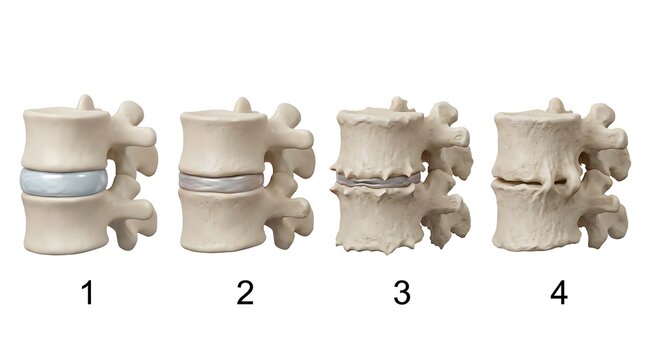 Anatomical stages of spinal disc degeneration showing vertebral wear